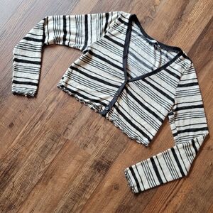 90s Y2K Gaze Black Off White Striped Lettuce Trim Cropped Cardigan